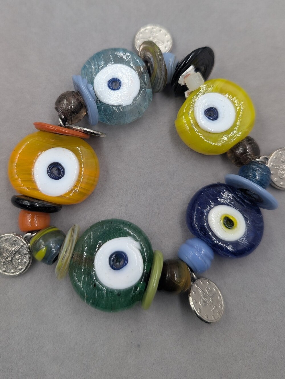 Handmade Colorful Art Glass Evil Eye Coin Charm Bracelet | 1225